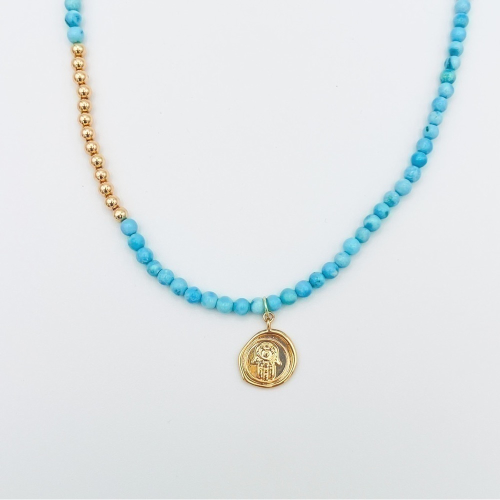 Turquoise choker with gold filled accents and hamsa pendant